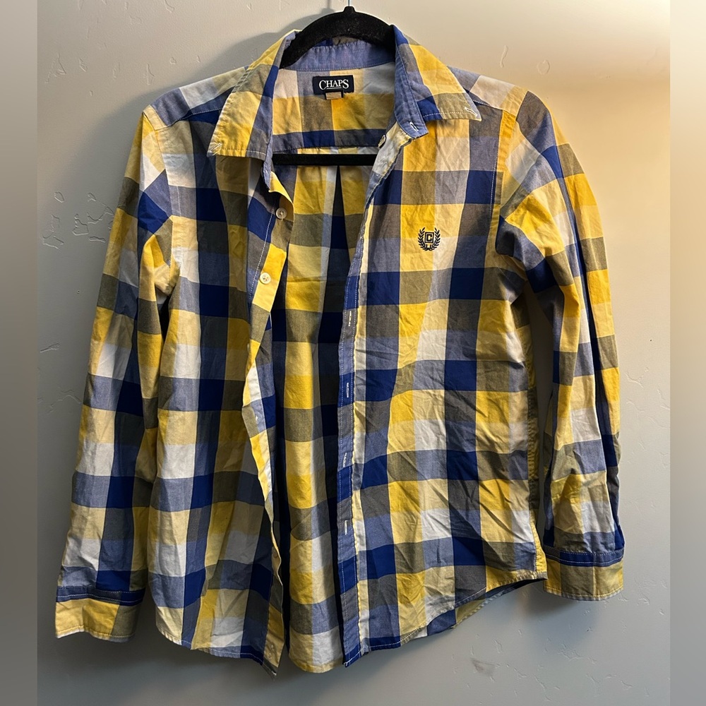 CHAPS Boys Easy Care Shirt 14-15 Years Large Yellow Check Cotton - Picture 1 of 3